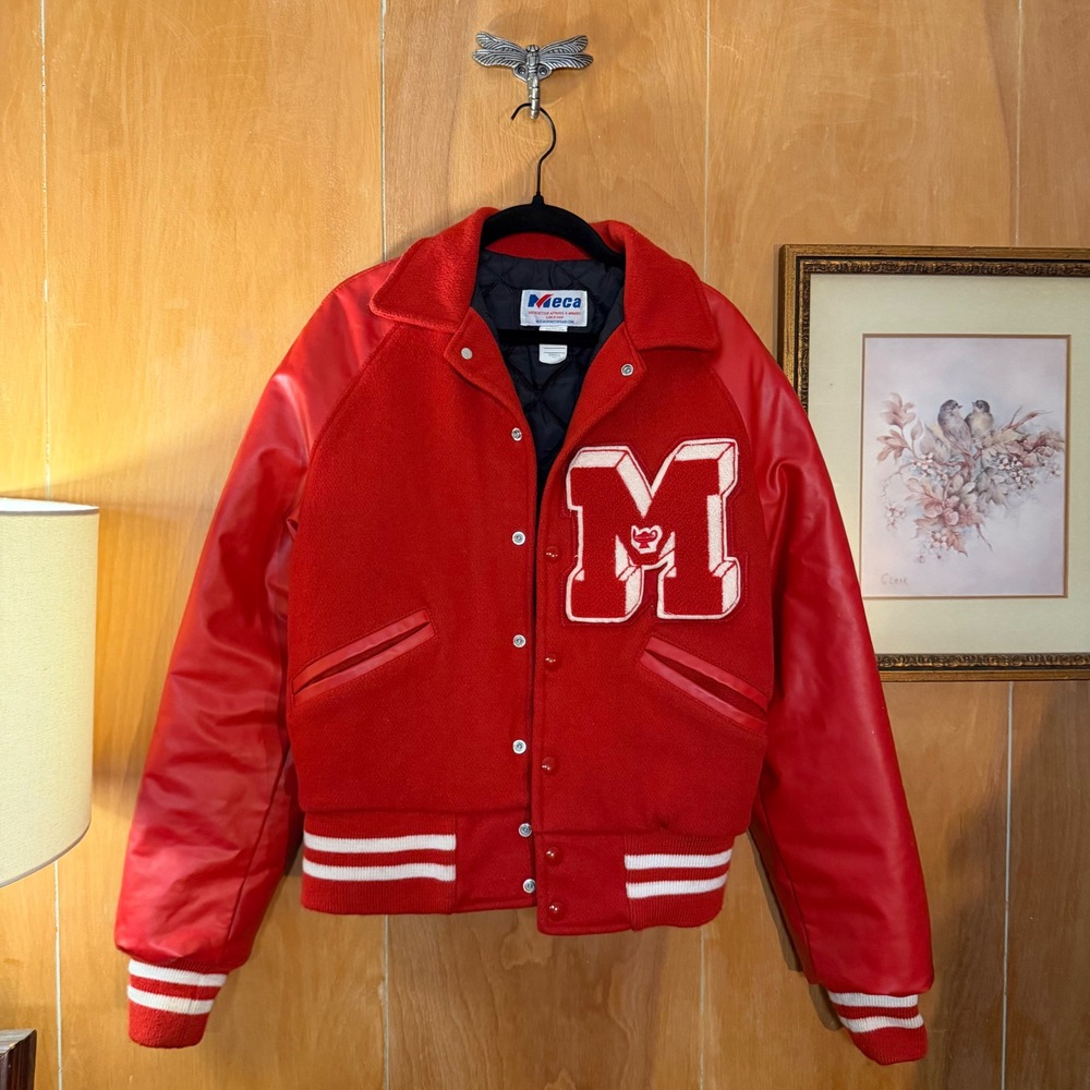 Meca Red Melton Wool Varsity Letterman Jacket Chenille M Patch X-Small
